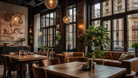 Interior of a modern cafe with brown leather sofas.