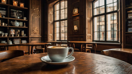 Coffee cup on the wooden table in coffee shop, stock photoの写真素材