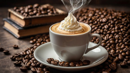 Coffee cup and coffee beans on wooden table. Coffee background