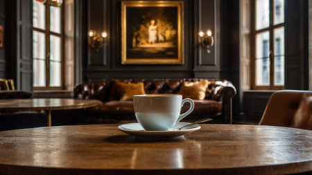 Coffee cup on wooden table in coffee shop, stock photoの写真素材