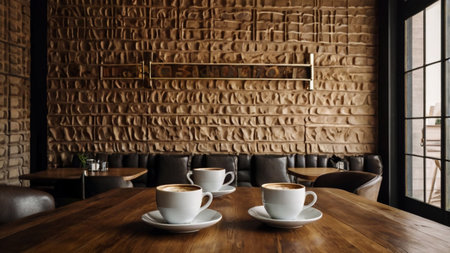 Coffee cups on wooden table in modern cafe, closeup
