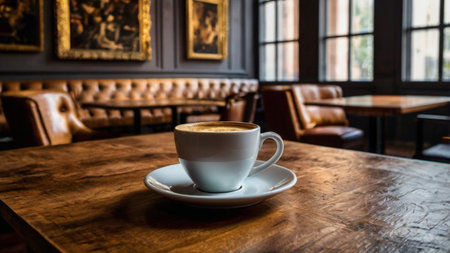Coffee cup on wooden table in coffee shop, stock photo