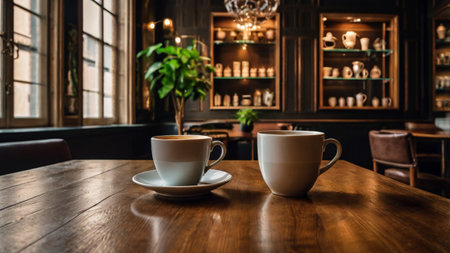 Coffee cup on wooden table in coffee shop, stock photoの写真素材