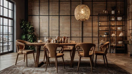 Interior of modern dining room with wooden walls, concrete floor, panoramic windows and brown wooden...