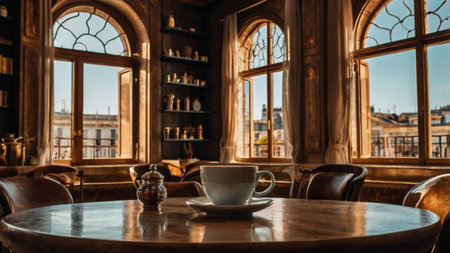 Cup of coffee in an old bar in Paris, France.の写真素材