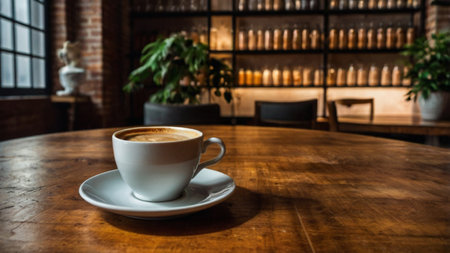 Coffee cup on wooden table in coffee shop, stock photoの写真素材