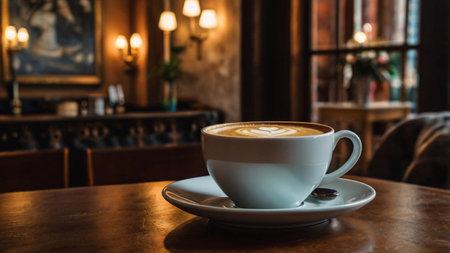 Coffee cup with latte art on wooden table in coffee shopの写真素材