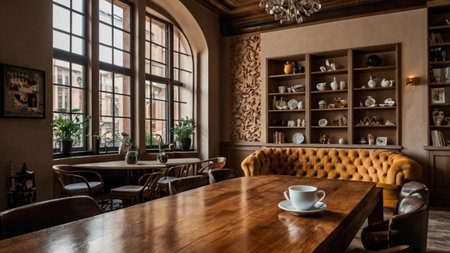 Coffee cup on wooden table in coffee shop, stock photoの写真素材