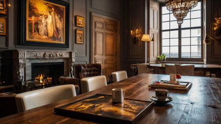 Luxury interior of a luxury restaurant with wooden tables and chairsの写真素材