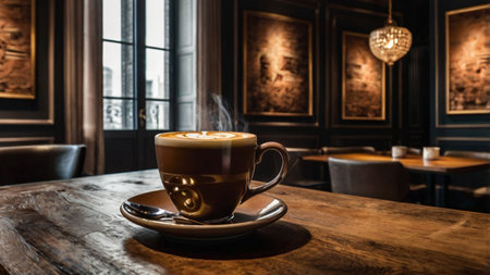 Coffee cup on wooden table in coffee shop with vintage wall backgroundの写真素材