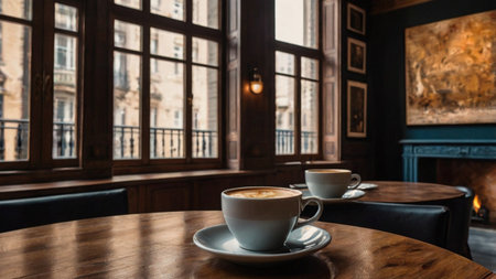 Two cups of cappuccino on a wooden table in a cafeの写真素材