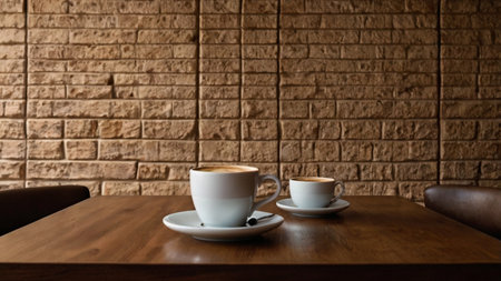 Coffee cup on wooden table in coffee shop with brick wall backgroundの写真素材