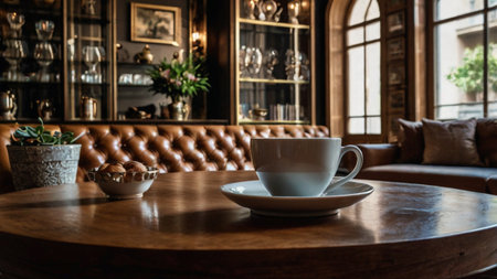 Coffee cup on wooden table in coffee shop, stock photoの写真素材