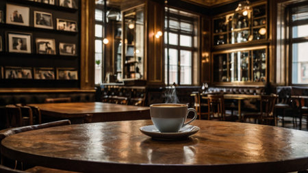 Coffee cup on wooden table in coffee shop, stock photoの写真素材