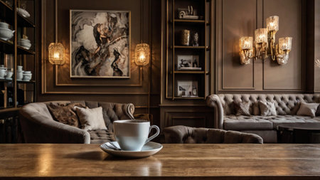 Coffee cup on wooden table in coffee shop, stock photoの写真素材