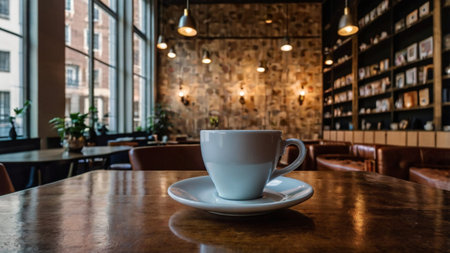 Coffee cup on wooden table in coffee shop, stock photoの写真素材