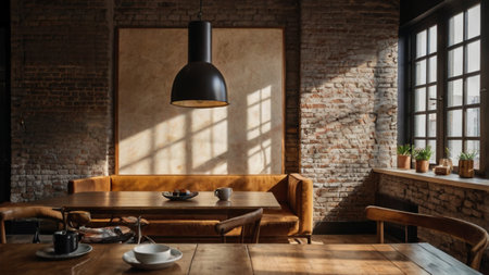 Interior of loft cafe with brick walls, wooden floor, brown sofa, coffee table and black lamp. 3d renderingの写真素材