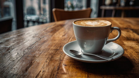 Coffee cup on wooden table in coffee shop, stock photoの写真素材