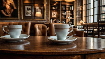Coffee cup on wooden table in coffee shop, stock photoの写真素材