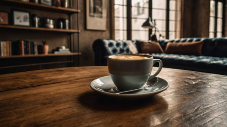 Coffee cup on wooden table in coffee shop, stock photoの写真素材