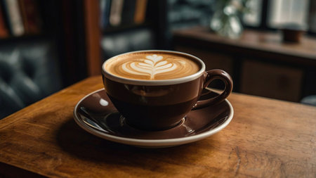 Coffee cup with latte art on wooden table in coffee shopの写真素材