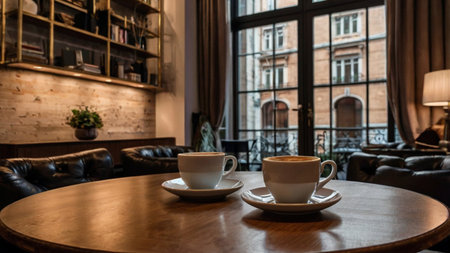 Two cups of coffee on a wooden table in a cozy cafe.