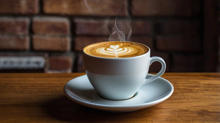 Hot art Latte Coffee in a cup on wooden table and brick wall backgroundの写真素材