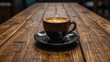 Coffee cup on wooden table in coffee shop, stock photoの写真素材