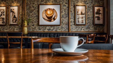 Coffee cup on wooden table in coffee shop, stock photoの写真素材