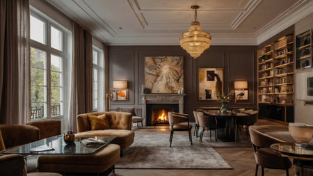 Luxury living room interior with fireplace and armchairs. Nobody insideの写真素材