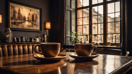 Coffee cup on the table in coffee shop, stock photoの写真素材