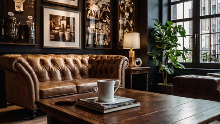 Luxury interior design of a modern restaurant with a leather sofa and a coffee cupの写真素材