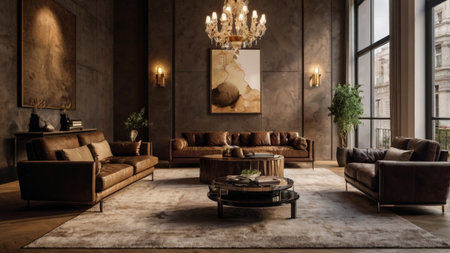 Luxury living room interior with brown leather sofas and wooden coffee tableの写真素材