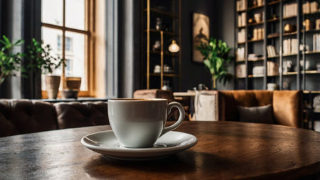 Coffee cup on wooden table in coffee shop, stock photoの写真素材