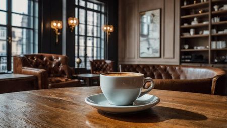 Coffee cup on wooden table in coffee shop, stock photoの写真素材