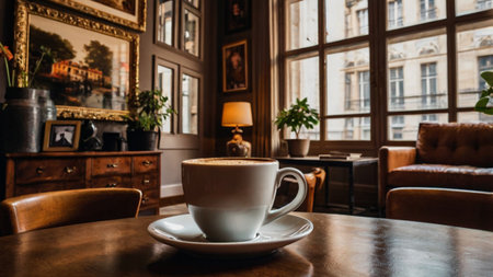 Coffee cup on wooden table in coffee shop with vintage style interiorの写真素材