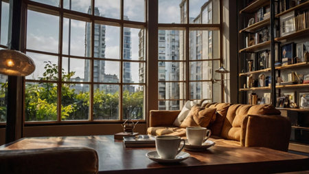 Coffee cup and book on table in coffee shop, stock photoの写真素材