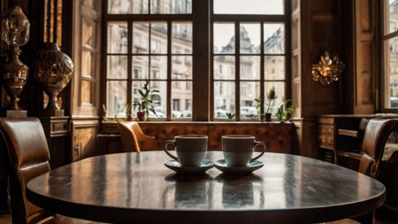Coffee cup on wooden table in front of the window in a cafeの写真素材