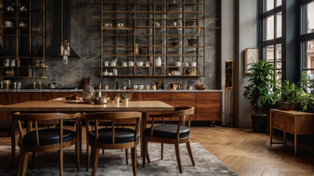 Interior of modern dining room in loft style with wooden table and chairsの写真素材