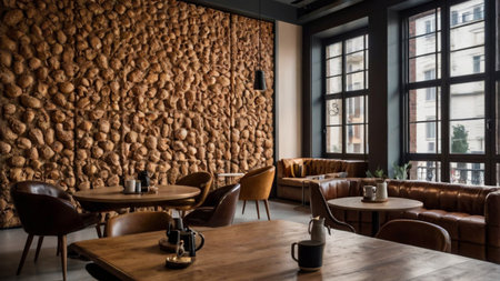 Interior of a modern cafe with brown leather sofas.の写真素材