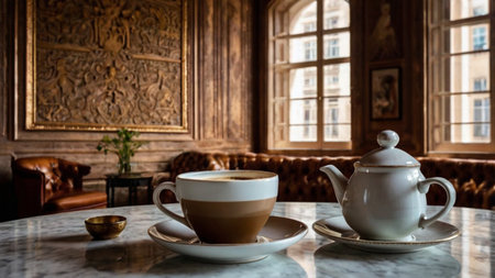 Coffee cup and teapot on white marble table in cafeの写真素材
