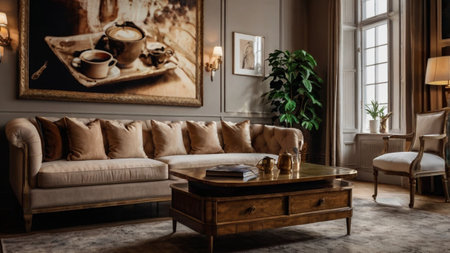 Luxury living room interior design with beige sofa, coffee table, coffee cup and vintage wall paintings.の写真素材