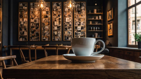 Coffee cup on wooden table in coffee shop, stock photoの写真素材