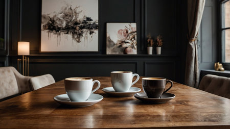 Coffee cups on wooden table in cafe. Coffee break conceptの写真素材