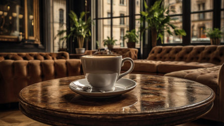 Coffee cup on wooden table in coffee shop, stock photoの写真素材