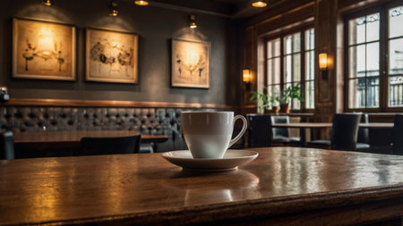 Coffee cup on wooden table in coffee shop, stock photoの写真素材