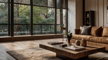 Interior of modern living room with brown sofa, coffee table, books and vaseの写真素材