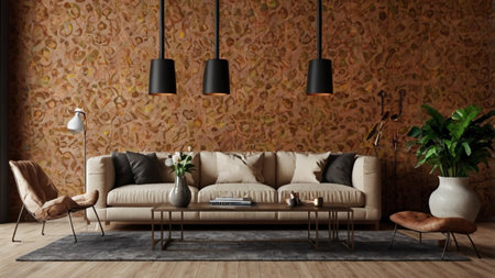 Interior of modern living room with brown sofa 3d render illustrationの写真素材