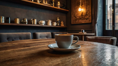 Coffee cup on wooden table in coffee shop, stock photoの写真素材