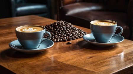 Two cups of cappuccino and coffee beans on wooden tableの写真素材